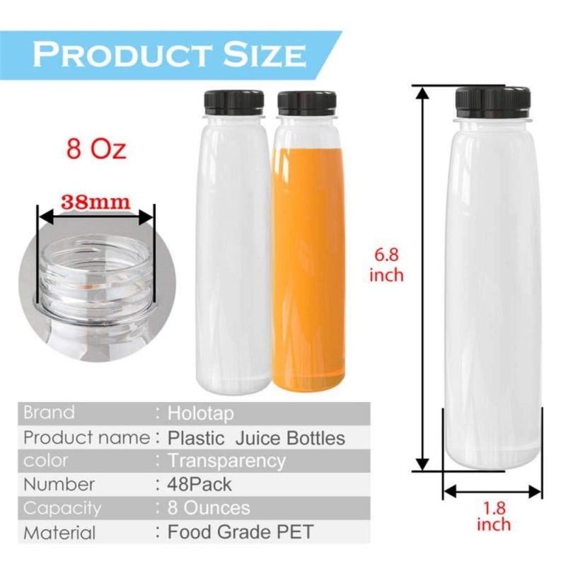 Holotap 48 Pack Empty PET Plastic Juice Bottles 8 OZ Clear Disposable Bulk Plastic Bottles for Liquids with Black Tamper Evident Caps (8 OZ, Black) - Image 3